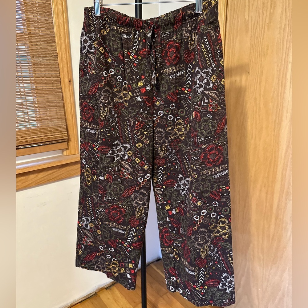 Brown Pull On Adjustable Fun Patterned Pants Size 14 Breckenridge Culottes A10